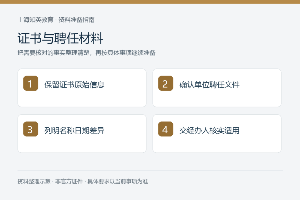 证书与聘任材料：保留证书原始信息、确认单位聘任文件、列明名称日期差异、交经办人核实适用