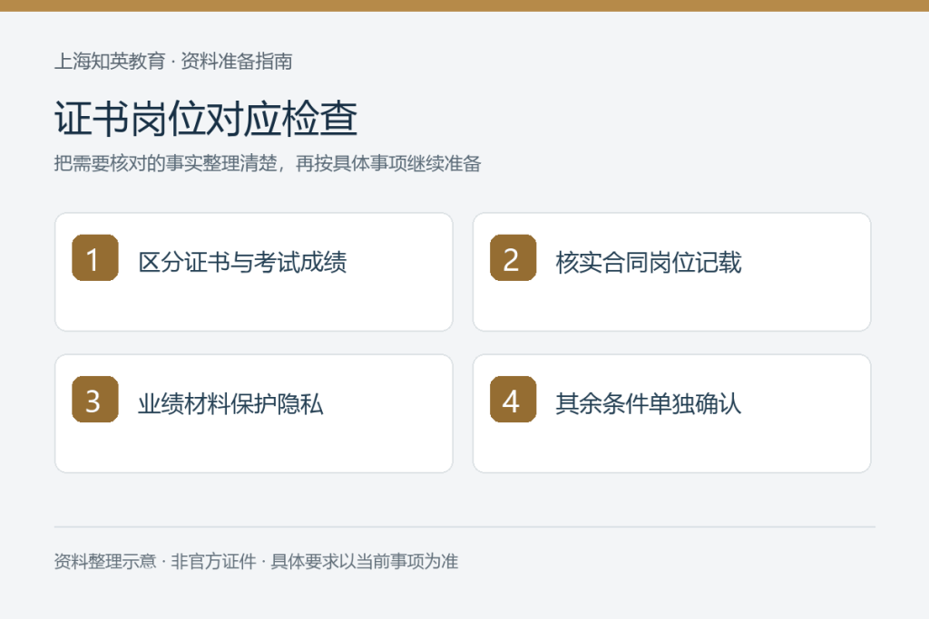 证书岗位对应检查:区分证书与考试成绩、核实合同岗位记载、业绩材料保护隐私、其余条件单独确认