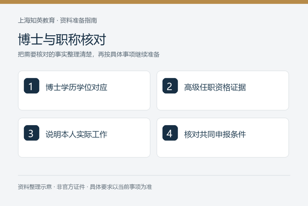博士与职称核对：博士学历学位对应、高级任职资格证据、说明本人实际工作、核对共同申报条件