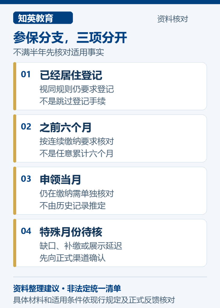参保分支,三项分开,说明已经居住登记、之前六个月、申领当月、特殊月份待核