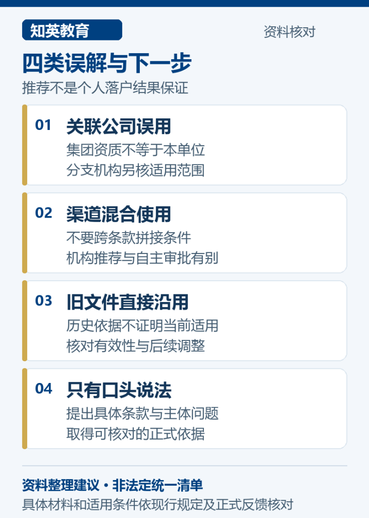 四类误解与下一步,分别说明关联公司误用、渠道混合使用、旧文件直接沿用、只有口头说法