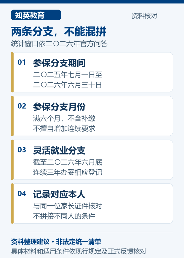 两条分支,不能混拼,说明参保分支期间、参保分支月份、灵活就业分支、记录对应本人