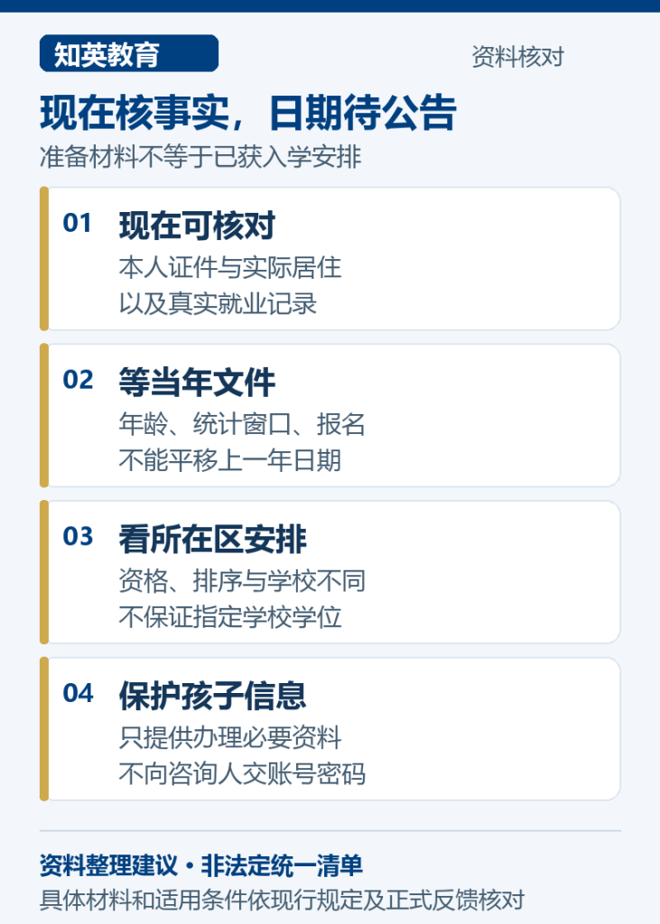 现在核事实,日期待公告,说明现在可核对、等当年文件、看所在区安排、保护孩子信息